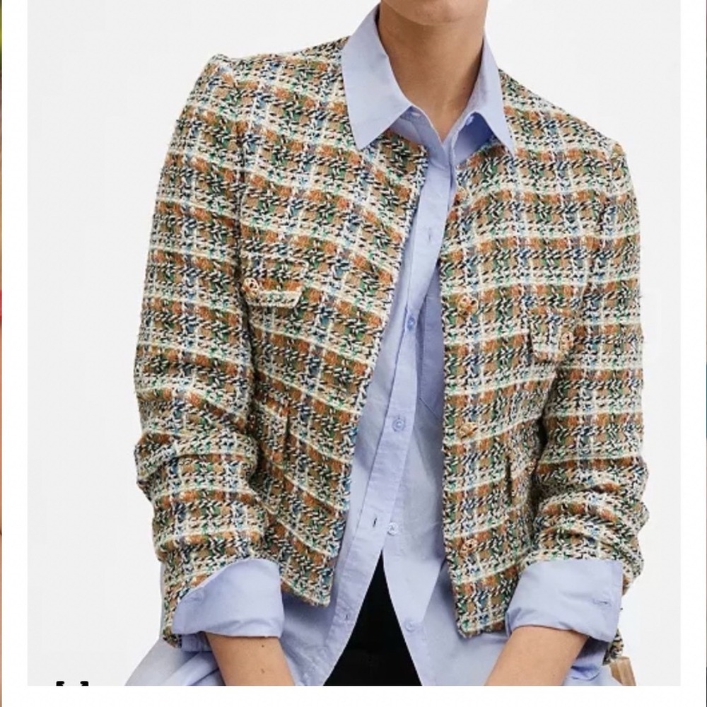 NEW Truth by Republic Womens 12 Multi Color Plaid Tweed Collarless Button Jacket
